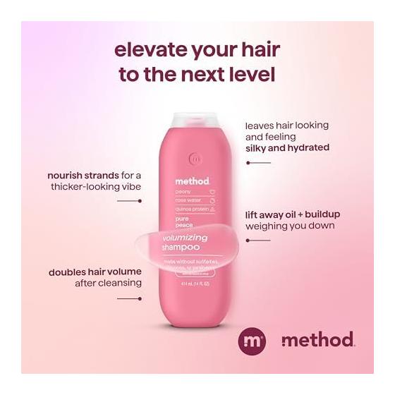 Method Volumizing Shampoo Pure Peace Rose, Peony, Pink Sea Salt Scent Notes Paraben and Sulfate Free 14 Oz (1 Pack)