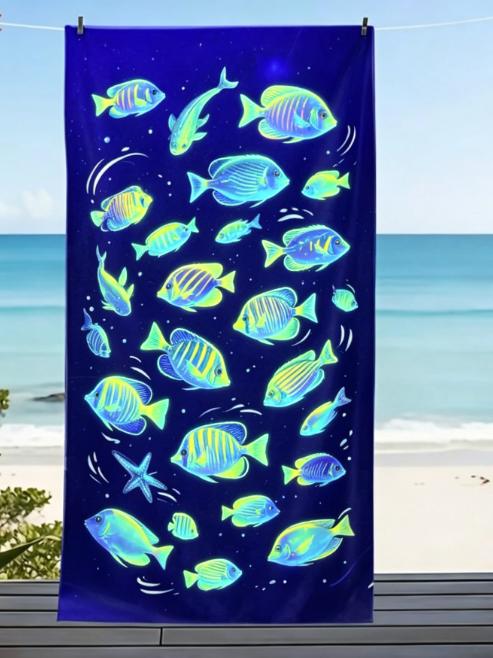 Blauer Neon-Tropenfisch-Print Strandtuch Buntes Neonfisch-Design Sommer-Strandtuch Schnelltrocknend Saugfähig Großes Handtuch für den Strand