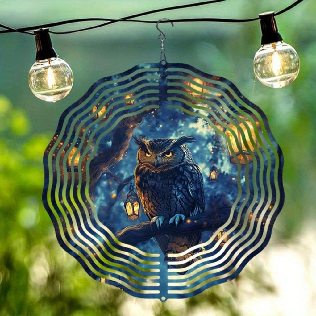 Metalowy dzwonek wietrzny sowa dekoracja ogrodowa ze spiralnym wzorem obrót w dwóch kierunkach bez baterii łatwa instalacja hak obrotowy 360 stopni na zewnątrz