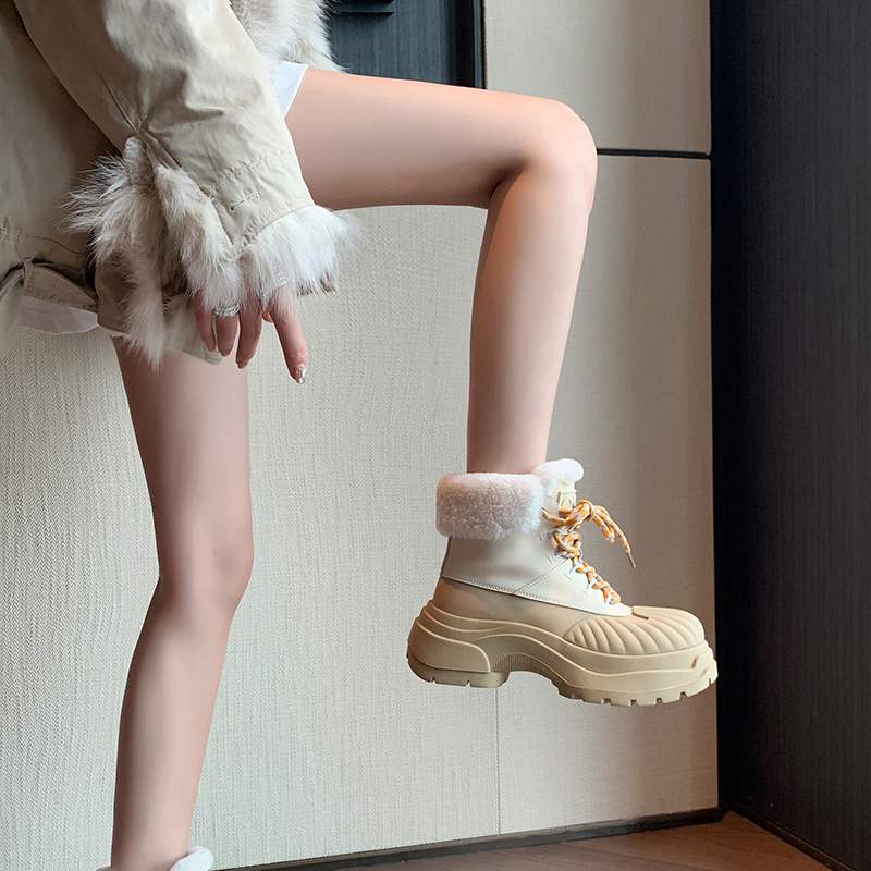 Krazing Pot Cow Leather Wool Blend Winter Round Toe Platform Snow Boots Lace Up Design Women Keep Warm Ankle Boots