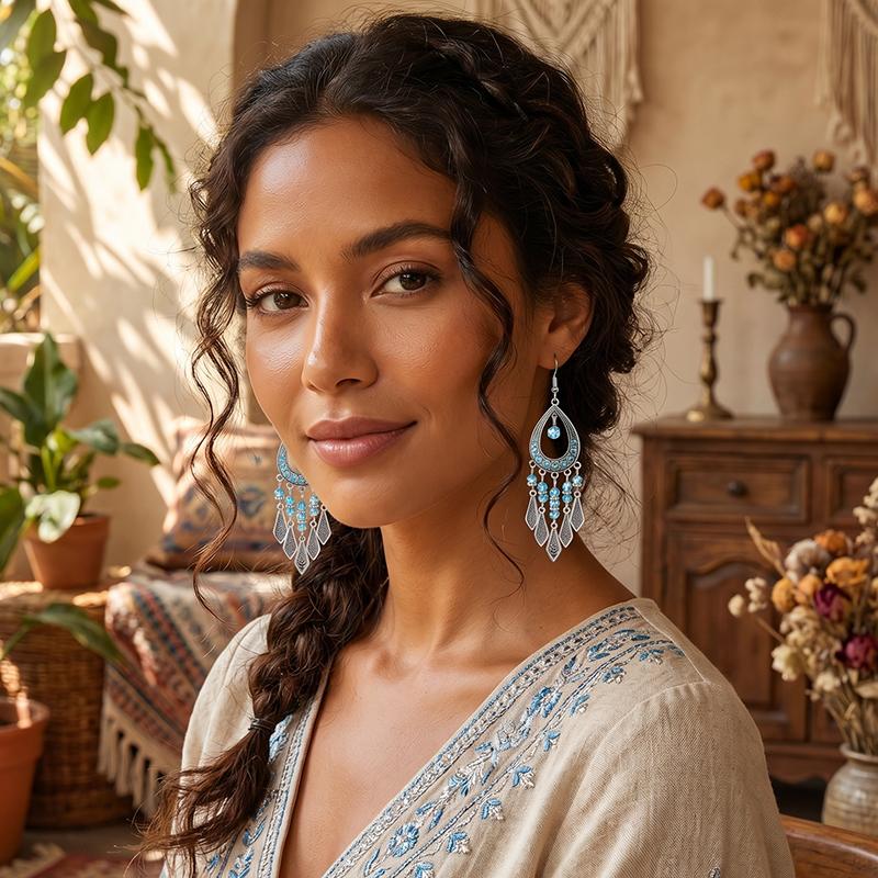 Ethnic Colorful Rhinestone Crystal Tassel Earrings For Women Vintage Niche Water Drop Shaped Earrings Vacation Daily Jewelry