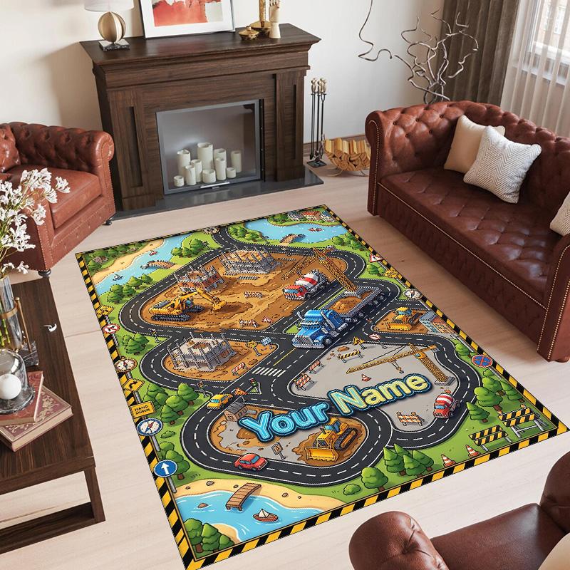 Construction Vehicles Theme Crystal Velvet Rug Personalized Custom Name Text Soft Floor Mat Home Decor