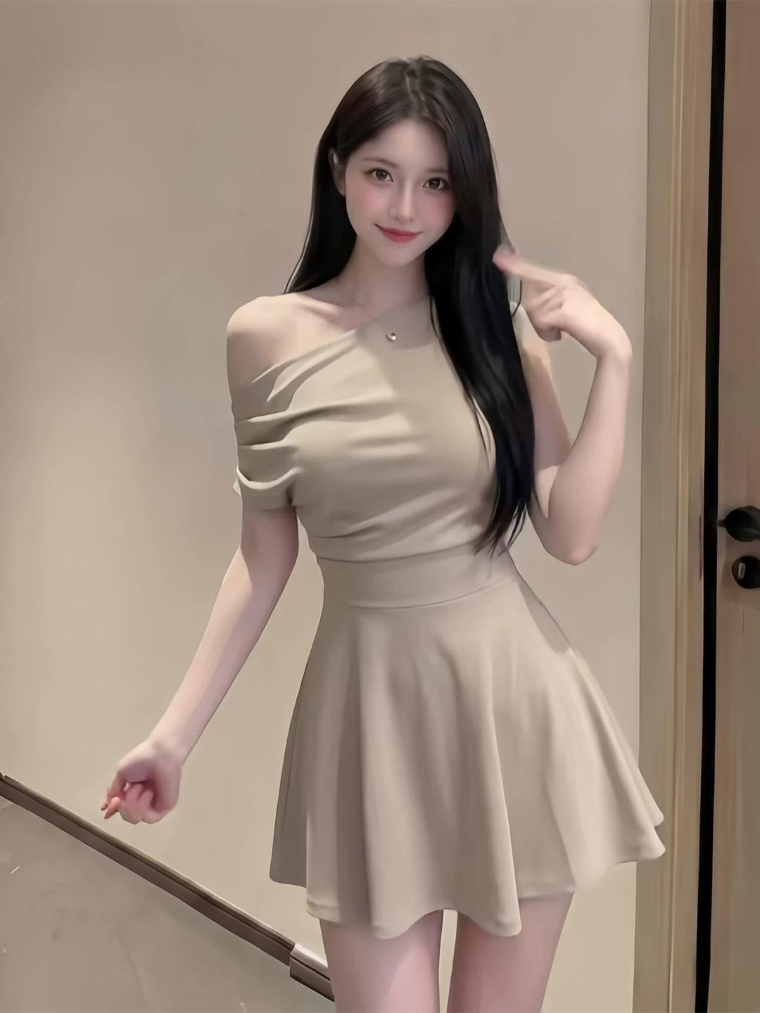 French temperament pure desire sexy one-word shoulder dress women s summer new waist thin foreign a-word short skirt S