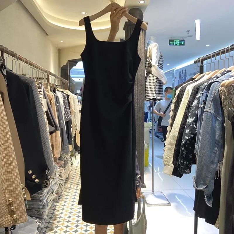 Damen Schwarzes Ärmelloses Midi-Kleid Quadratischer Ausschnitt Bodycon Lässiges Tanktop-Kleid