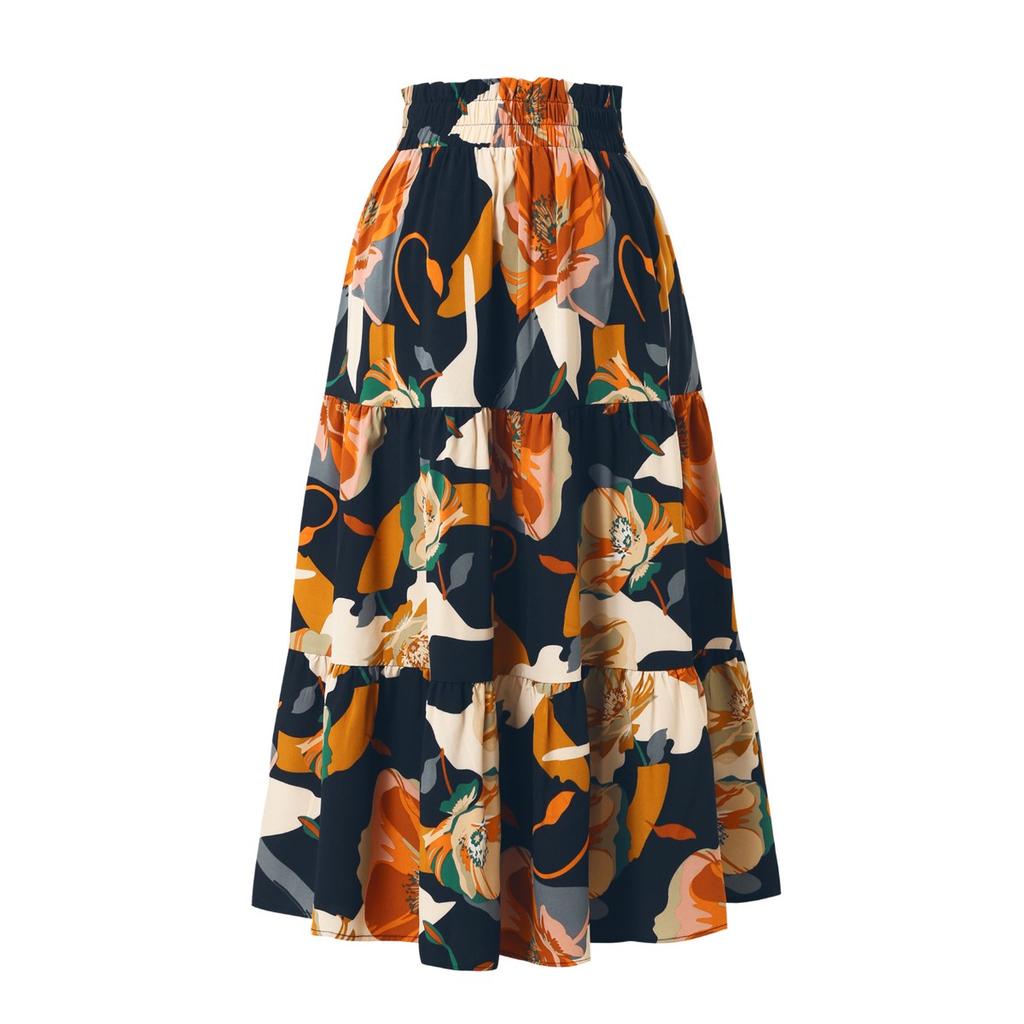 A-line Skirt, Pleated Skirt, Floral Print, Elastic Waist, Midi Skirt