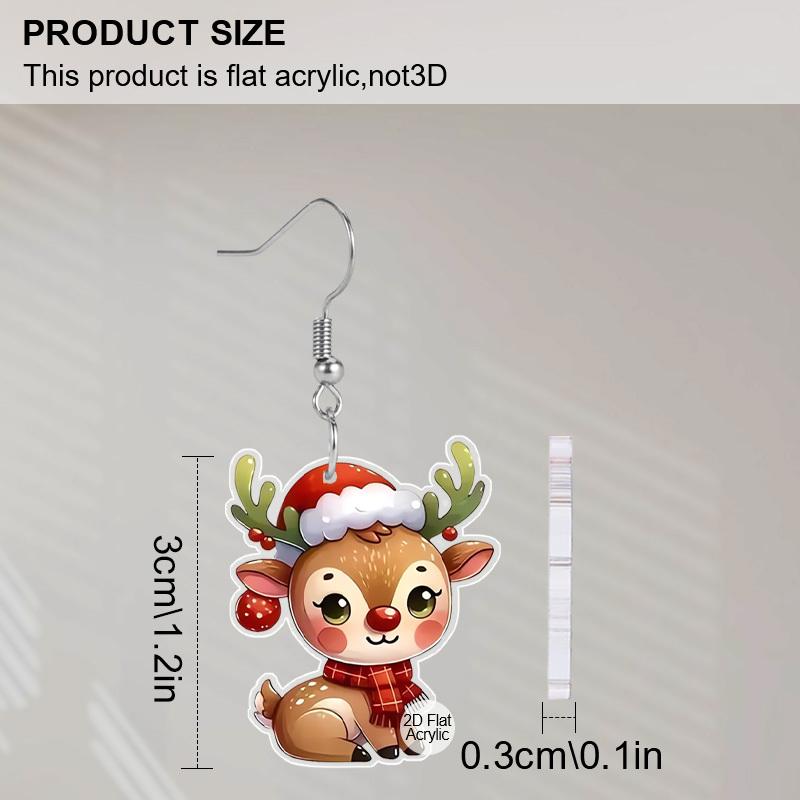 2D Flat Christmas Reindeer Dangle Earrings, Lightweight Acrylic Material,Ideal for Party Gifts, Jewelry, and Christmas Gifts.