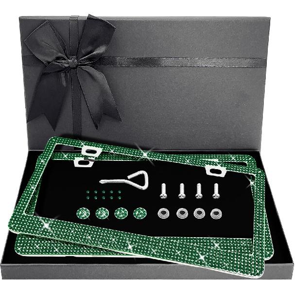 Bling Rhinestone License Plate Frame for Women 2PC, Sparkly Stainless Steel Frames & Over 1200 pcs Finest 14 Facets Black Glass Crystals Premium