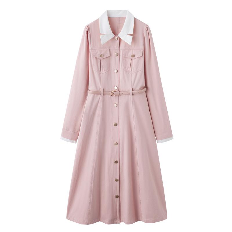 2025 Spring Women's Color Block Long Dress with Belt and Turn-Down Collar