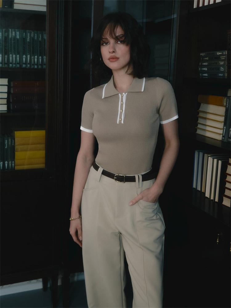 Pletený svetr pulovr dámský krátký rukáv patchwork slim klopa elegantní kontrastní pletenina top dámský úzký žebrovaný pulovr