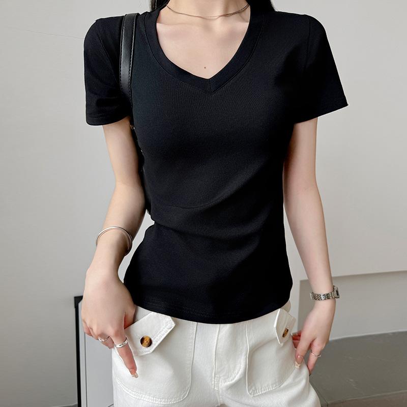 Navy Blue Slim Shoulder Short-sleeved T-shirt for Women In Summer New Style Inner Waist Top Slim and Casual Base Shirt