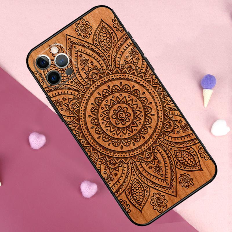 Mandala Floral Wood Phone Case For iPhone 17 Pro Max 11 14 15 16 Pro Max Plus 13 12 Mini 16e 17 Air Back Cover