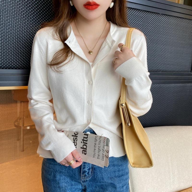 Spring and Autumn Long Sleeved Cardigan Women's Knitted Jacket Fashion Thin Sweater 2025 Elegant O Neck Slim Fit Solid Color New Short Coats Clothing