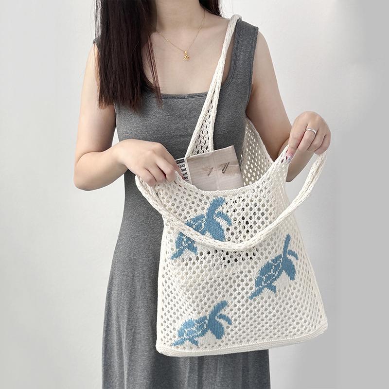 Yogodlns Trendy Large Capacity Crochet Tote Bag Turtle Korean Style Hollow Woven Bag Polyester Embroidered Knitting Handbag Daily