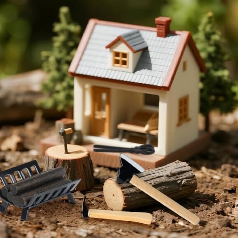 Wichtel Miniature Tool Set - 3 Piece Mini Axe with Firewood Accessories for Dollhouse, Miniature Models & Fairy Garden Decor