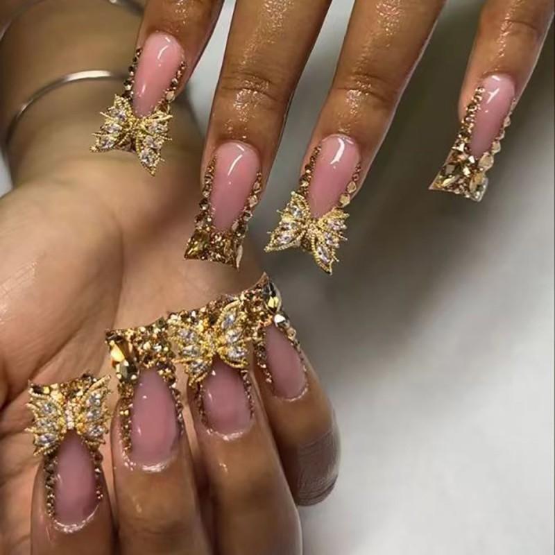 French Edge Duckbill Shape Press-On Nails With Gold Rhinestone Butterfly Design Women Gel Adhesive Type