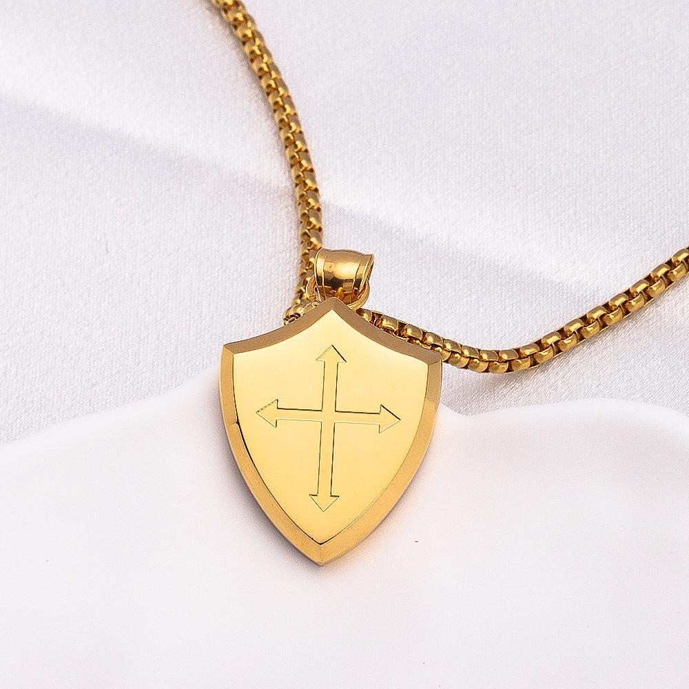 European and American Shield Cross Pendant Men s Titanium Steel High-end Versatile Sweater Chain Jewelry 60CM