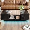Coffee Table, LED Living Room Table with Storage Space, High-gloss Table with Glass Shelf, Modern Sofa Table with Two Doors
