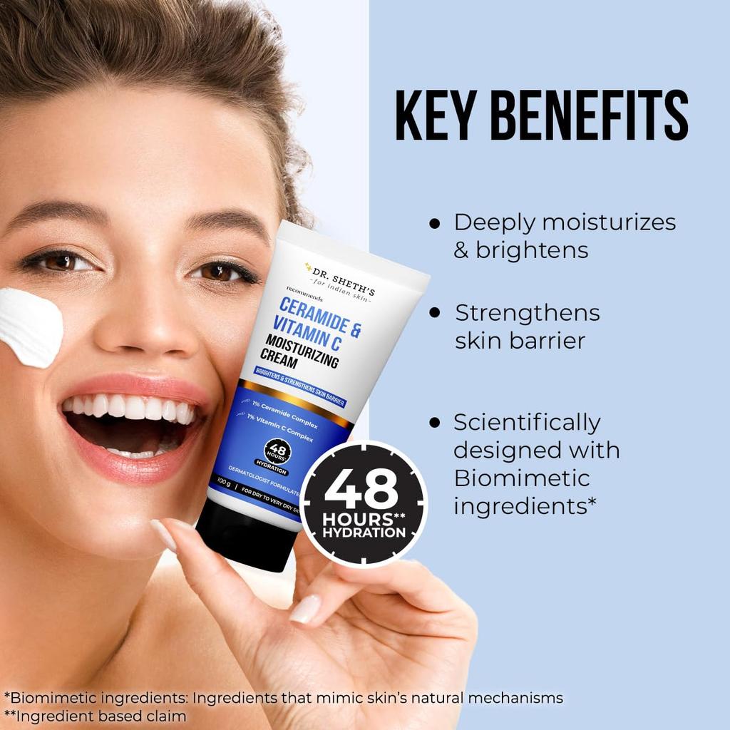 Dr. Sheth's Ceramide & Vitamin C Moisturizing Cream 100g for Deep Hydration & Skin Barrier Repair