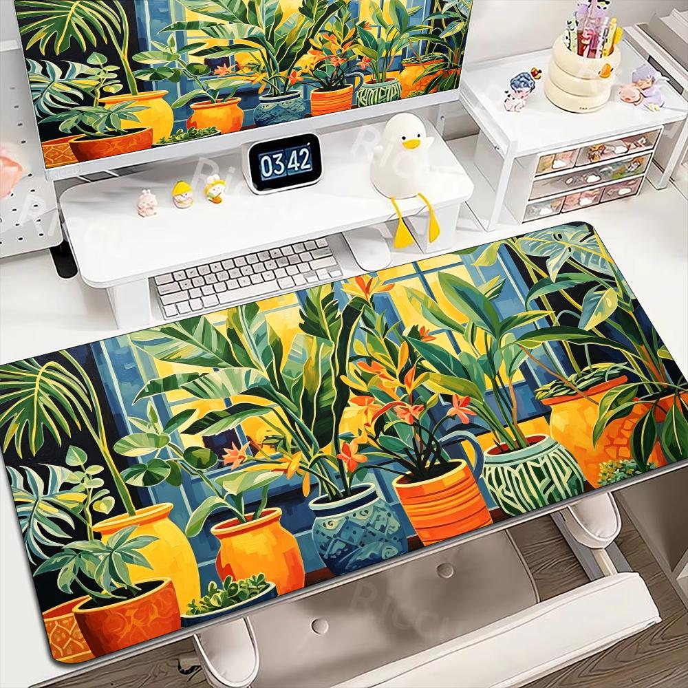 Boho Tropical Foliage Gaming Mousepad Colorful Potted Flora Deskmat NonSlip Rubber Stitched Edge Pad For Home Pc Gaming Lovers