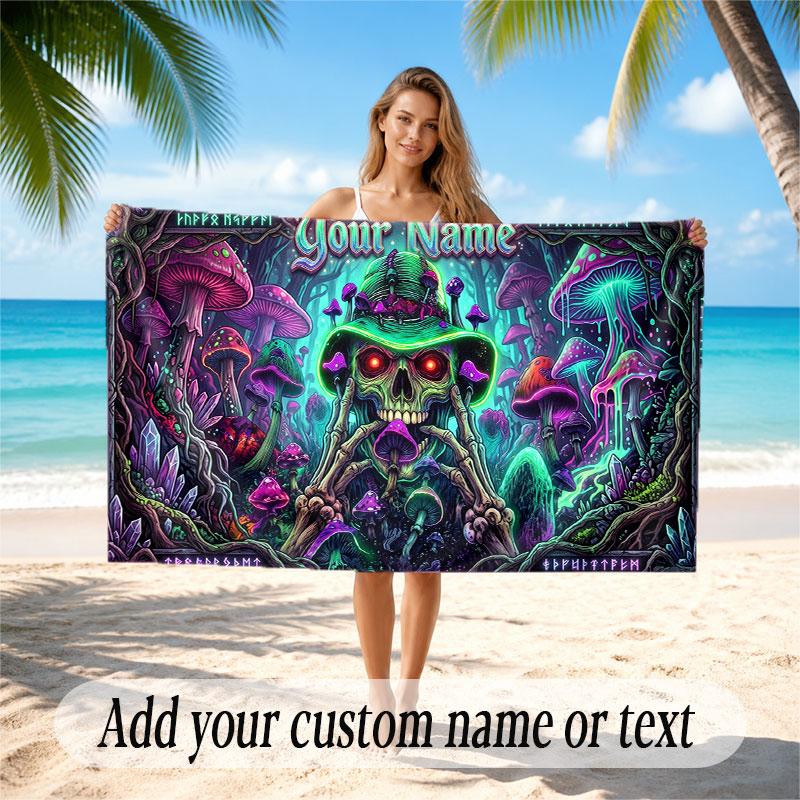 Mushroom Forest Theme Soft Beach Towel Personalized Custom Name Text Towel Portable for Beach Pool Travel