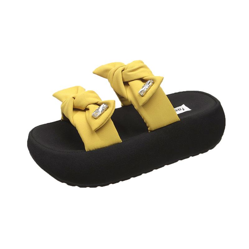 Increase the Height and Step On Shit Beach Shoes To Drag Women To Wear 2025 Versatile New Models, One Word Summer Outer Bow Thick-soled Slippers Women