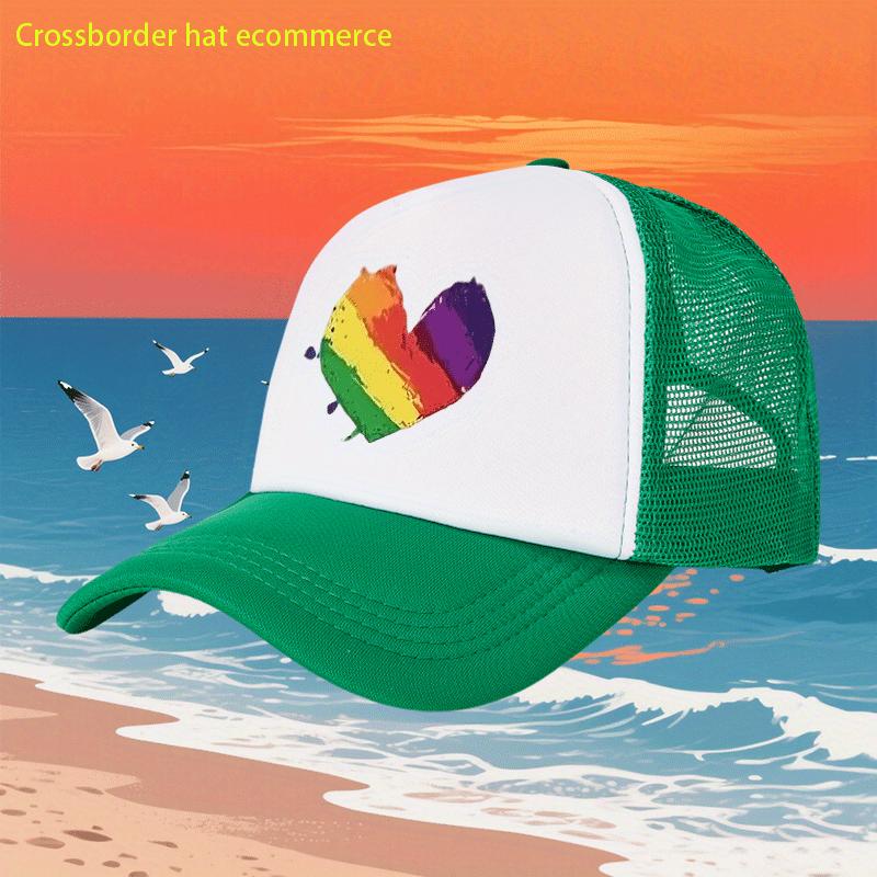 Rainbow Heart Print Breathable Mesh Trucker Hat Adjustable Polyester Casual Baseball Cap for Adults
