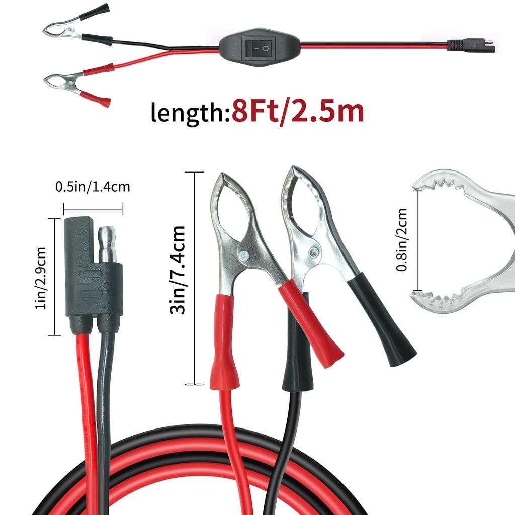 8FT/2.5M 16AWG SAE To Alligator Clips Wire Harness With OnOff Switch, 12 Volt Quick Disconnect Extension Cord Alligator Clips For Lawn And Garden