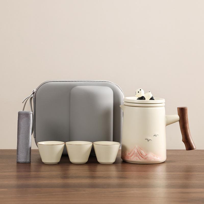 

2026 Beige Fubao Portable Travel Tea Set: Ceramic Pot with Three Cups & Storage Bag