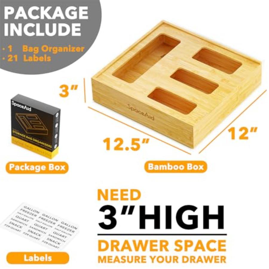 Organizador de Almacenamiento SpaceAid Bag para Cajón de Cocina Organizador de Bambú Compatible con Variedad de Tamaños: Galón, Cuarto, Sándwich y Bocadillo