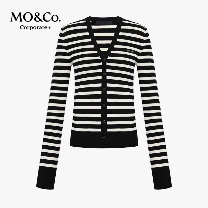 MO&Co. C+ Series Striped Knit V-Neck Cardigan