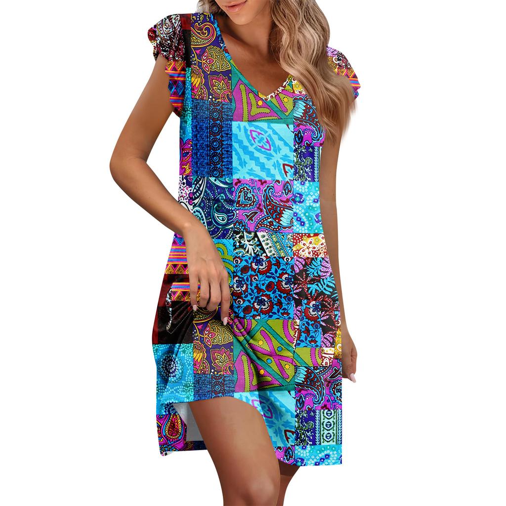 Womens Summer Dress Ruffle Sleeve V Neck Short Dresses Fashion Casual Flowy A Line Swing Sundress With Pocket