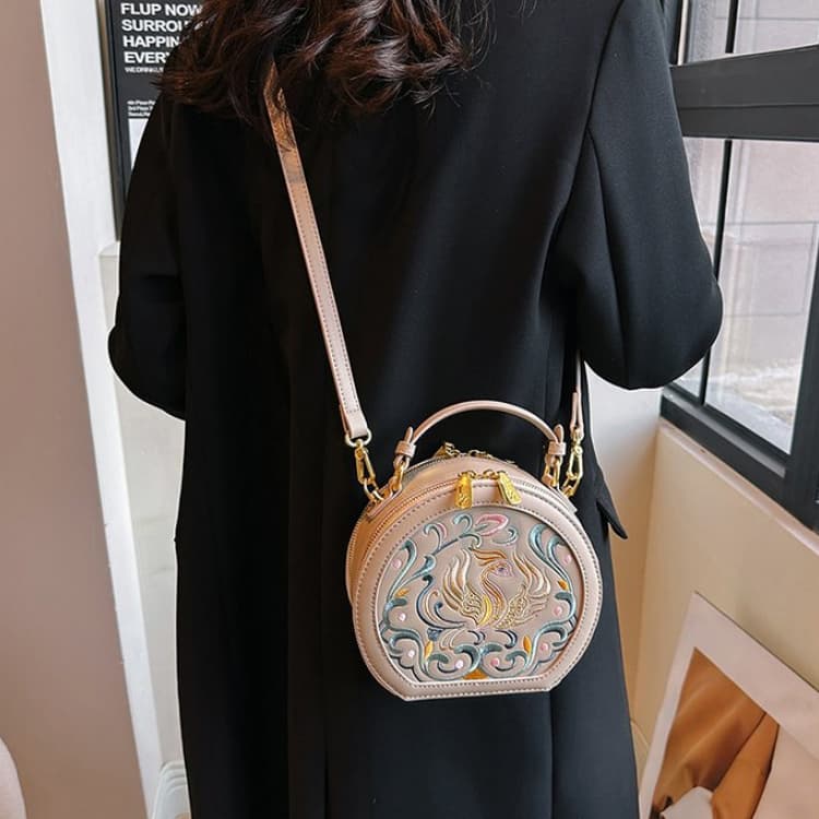 Vintage Embroidery Round Shoulder Bag, Zipper Handbag, Classic Trend Niche Satchel Bag