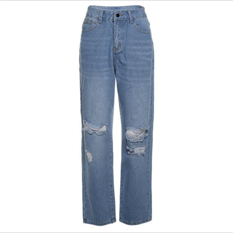 Jeans da Donna a Vita Alta Gamba Dritta Strappati, Pantaloni in Denim Sbiaditi con Effetto Usurato che Sollevano i Fianchi, Orlo Sfilacciato, Vintage, Larghi, Casual, Streetwear, Pantaloni Lunghi
