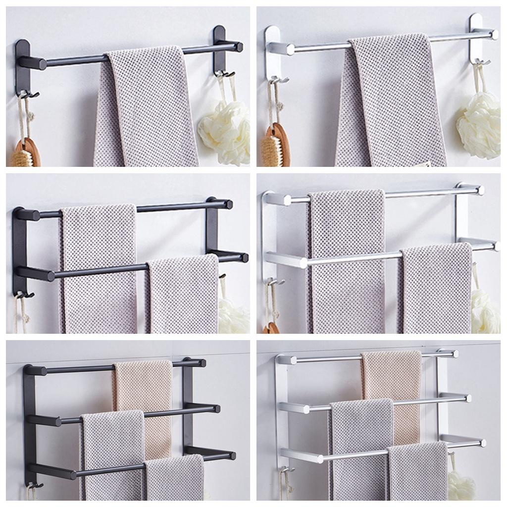 1/2/3 Tiers 60cm Wall Mounted Bathroom Aluminum Alloy Towel Bar Rail Matte Black/Silver Towel Holder Towel Hanger