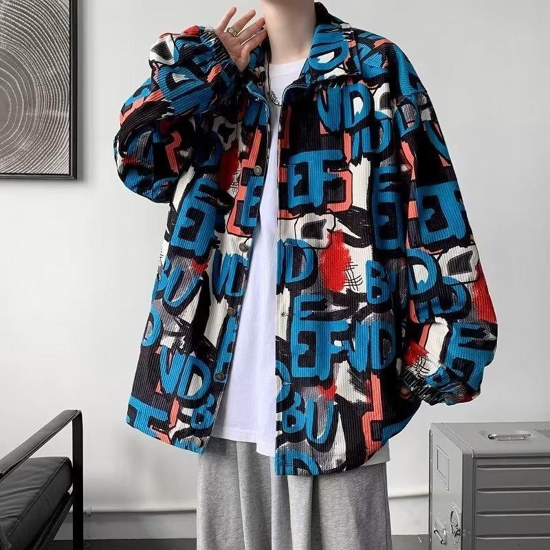 Spring and Autumn Tide Brand Corduroy Jacket Male Ruffian Handsome Retro Printing Long-sleeved Shirt Loose Casual Tooling Jacket