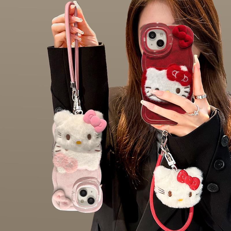 Plush Hello Kitty Lanyard Suitable for Apple 11PRO Mobile Phone Case 11 Cute Three-dimensional Doll 11 Double Bracket 11/11