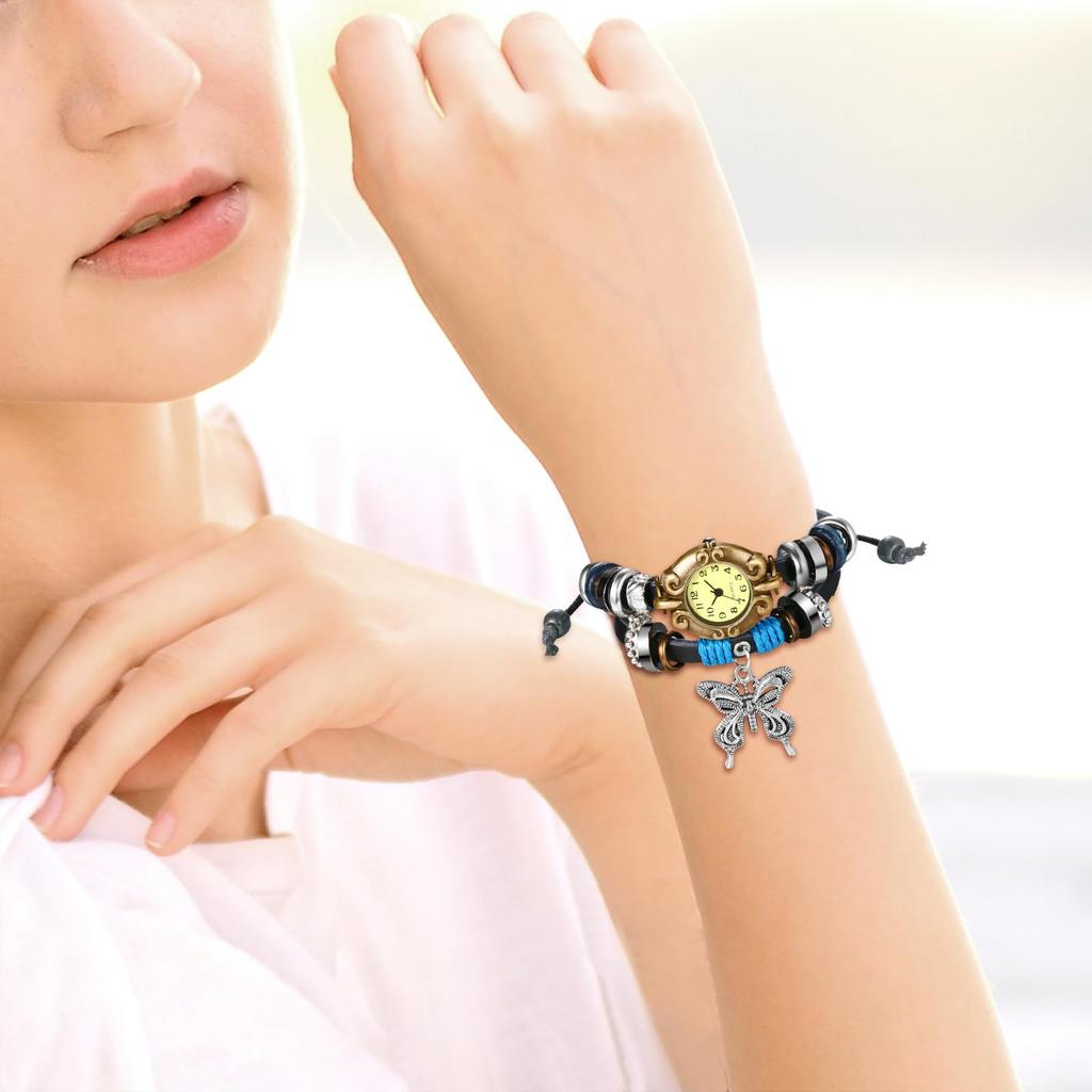 Women's Watch Antique Butterfly Bracelet Watch Multi-wrap Prayer Beads Woven Leather Strap Analog Casual Women's Accessories Birthday Christmas