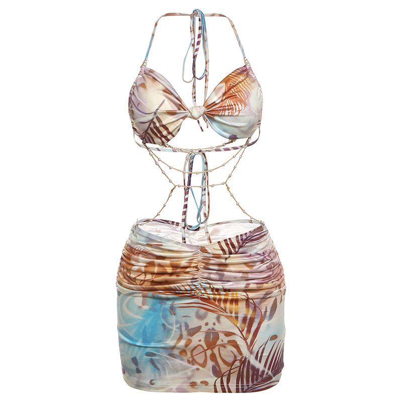 

# Sisjuly# Summer Hot Party Bow Pearl Chain Design Sense Beauty Back Hanging Neck Dress Women Brown S