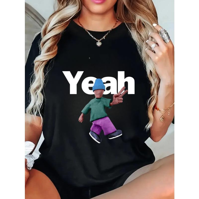 Übergroßes T-Shirt Schwarz Ja Mit Tanzender Figur Druck Lässige Streetwear Für Damen