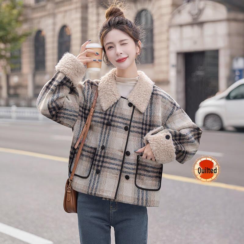 

Women s Retro Plaid Wool-Blend Lapel Coat L