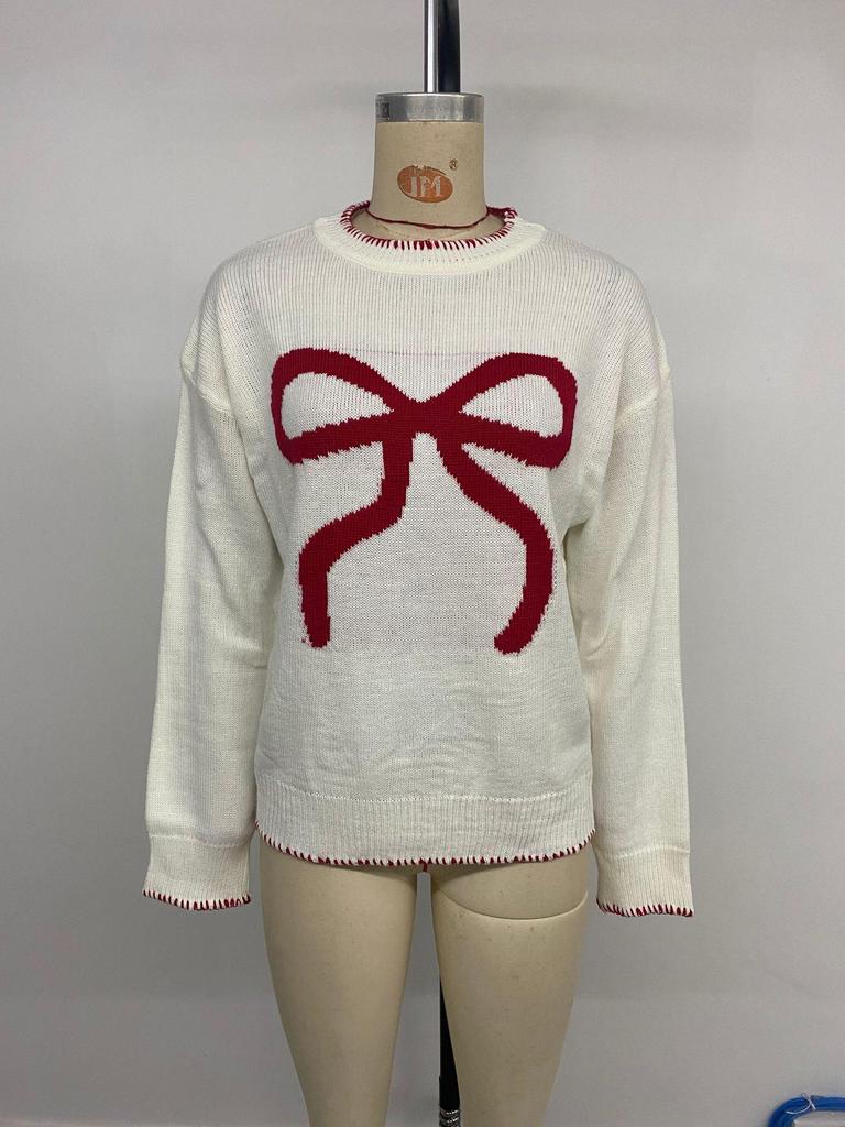 2025 Autumn/Winter Women's Bow Christmas Round Neck Long Sleeve Pullover Sweater