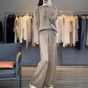 Damen 100% Wolle Strick Zweiteiler: Rundhals-Cardigan & Weitbeinige Hose