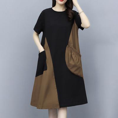 Robe Midi pour Femme Col Rond Manches Courtes Coupe Ample Robe d'Été avec Poches