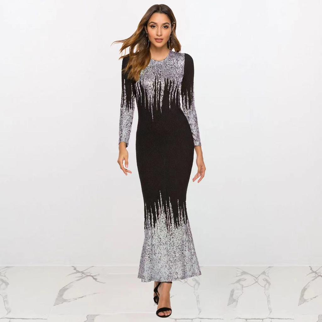 Elegant Long Dresses with Long Sleeves and Gradient Sequins Plus Size Evening Dresses Slim Fit Round Neck Mermaid with Gold Stamped