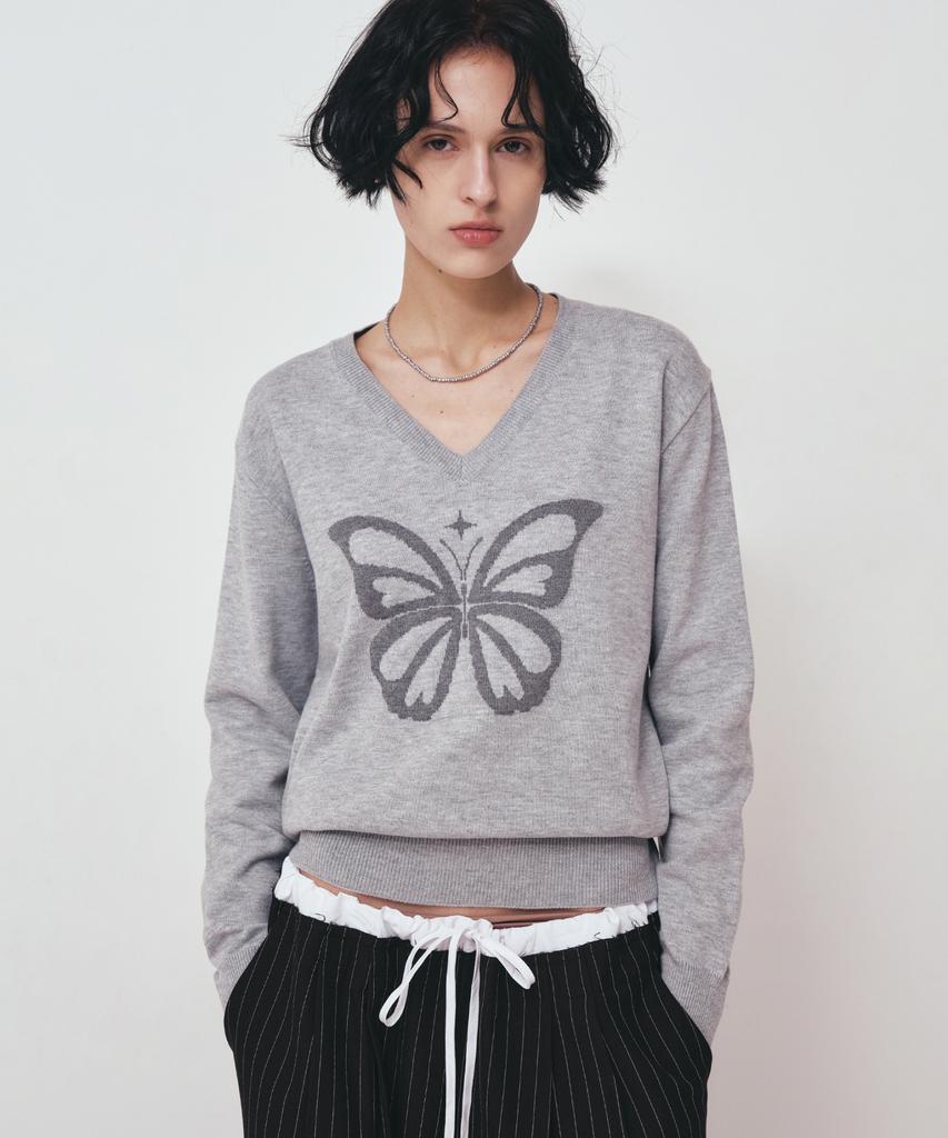 Nigaennikol Butterfly V Neck Jacquard Knit_Gray