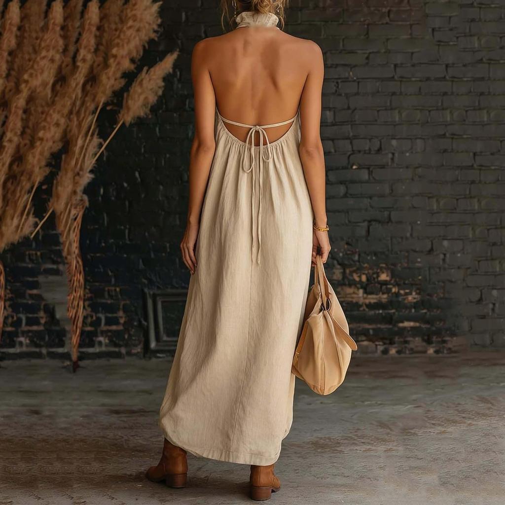 Women V Neck Sleeveless Maxi Dress Loose Fit Backless Casual Sundress with Pockets for Daily Wear Beach Vacation