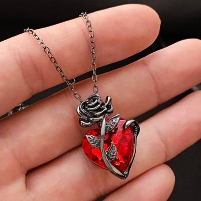 Gothic Rose Red Love Necklace Women's Necklace Jewelry Gifts Silver Color Hollow Heart Pendant