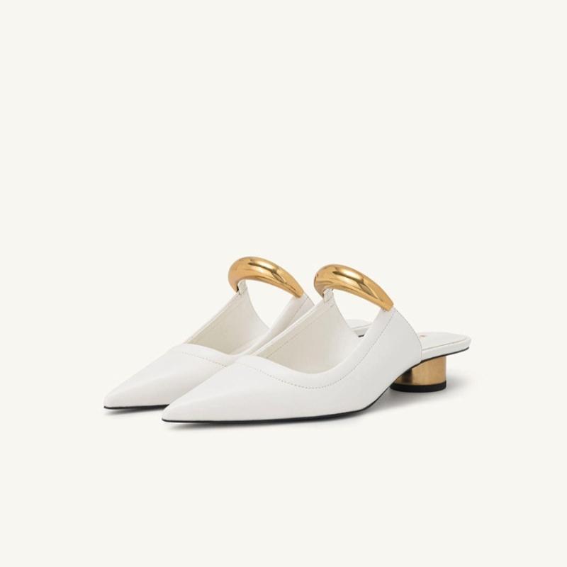 Fashion Summer Pointed Toe Women Slippers High Quality Shallow Mouth Women Leisure Mid Heel Sandals Metal Baotou Sandals Sandalias Mujer