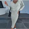 MGHR Moda feminina outono inverno cor sólida estampa manga comprida decote em v vestidos casuais