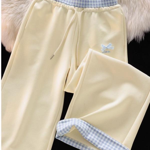 Korean-Style Plaid Embroidery Wide-Leg Pants - High-Waisted, Drawstring, Loose Fit for Spring/Autumn 2026